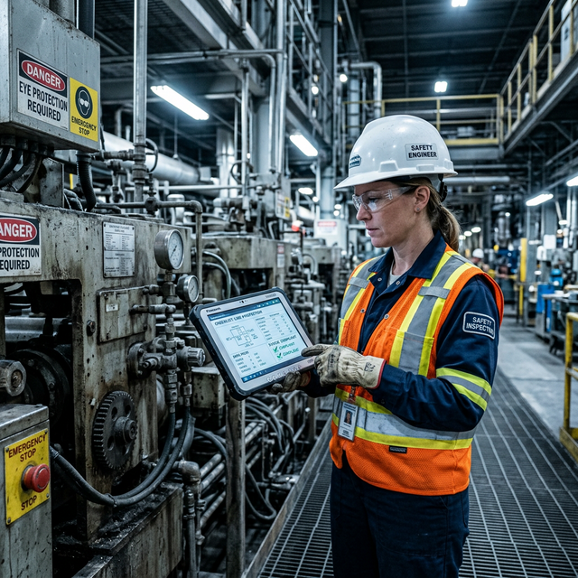 Engenheiro de Segurança inspecionando área industrial