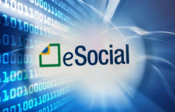 Logo oficial do eSocial com fundo de dados binários digitais de transmissão técnica