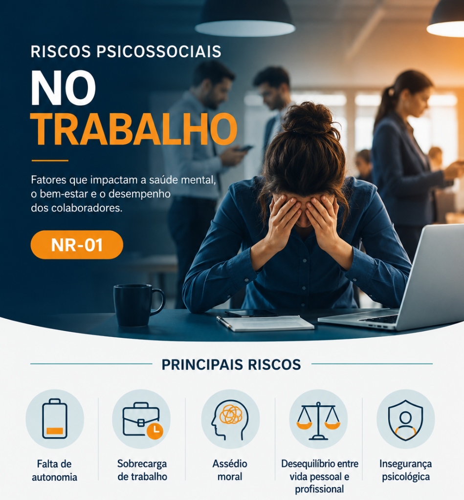 Infográfico explicativo sobre riscos psicossociais no trabalho e a regulamentação pela NR-01